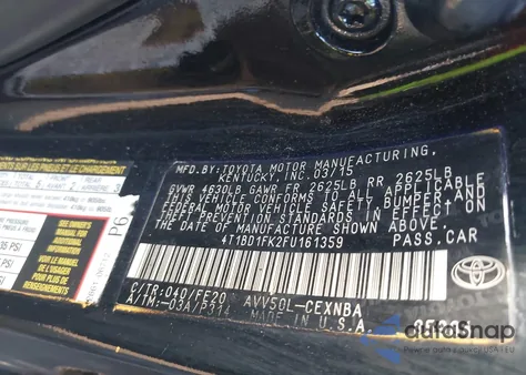 2015 Toyota Camry Hybrid Le z USA, uszkodzony, nr VIN 4T1BD1FK2FU161359